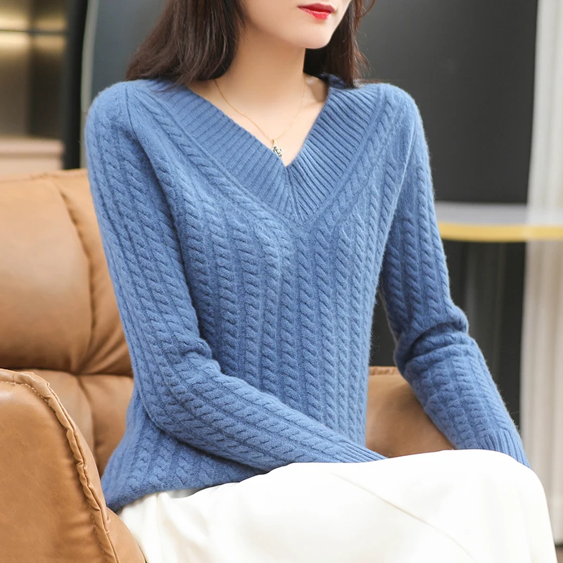 

Loose V-Neck Women Sweaters With Twist Flower Autumn Winter 100% Pure Wool Knitted Jumpers Female Thicker Cashmere Pullovers Top