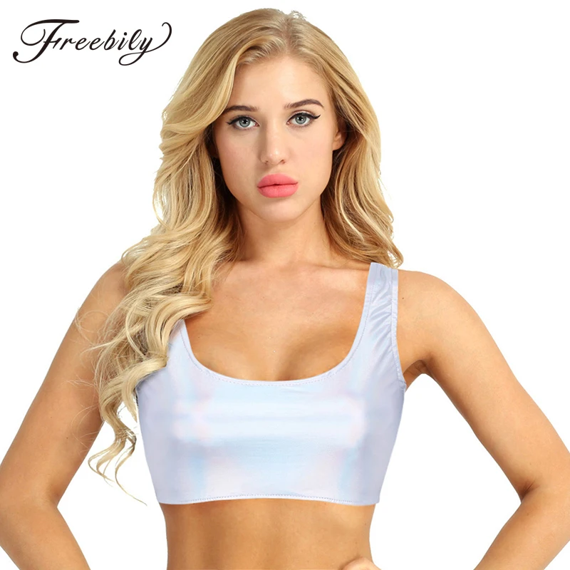 Женский голографический Топ без рукавов праздничный серебристый блестящий топ