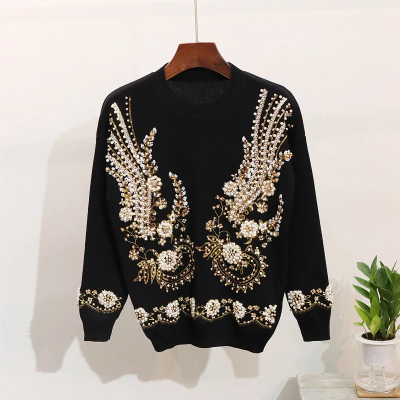 

2 Autumn 2020 Piece Set Women Beading Embroidery Knitted Sets Sweater Trousers Pants Suit Winter Women Two Piece Set Tracksuits