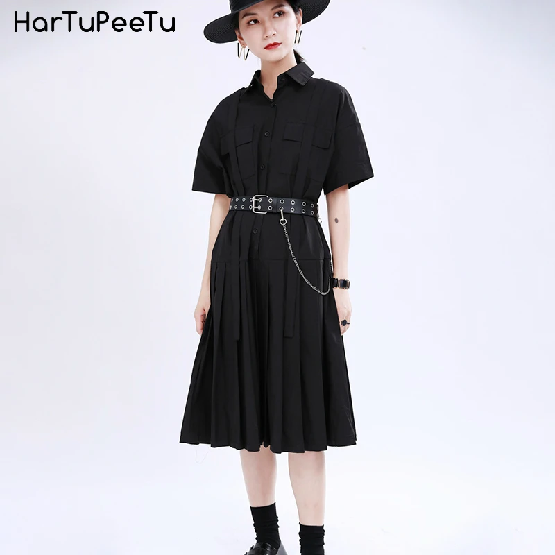 

Women Shirt Dress 2020 Summer Plus Size Loose Casual Pleated Dresses Buttons White Black Front 2 Pockets Long Blouse with Ribbon