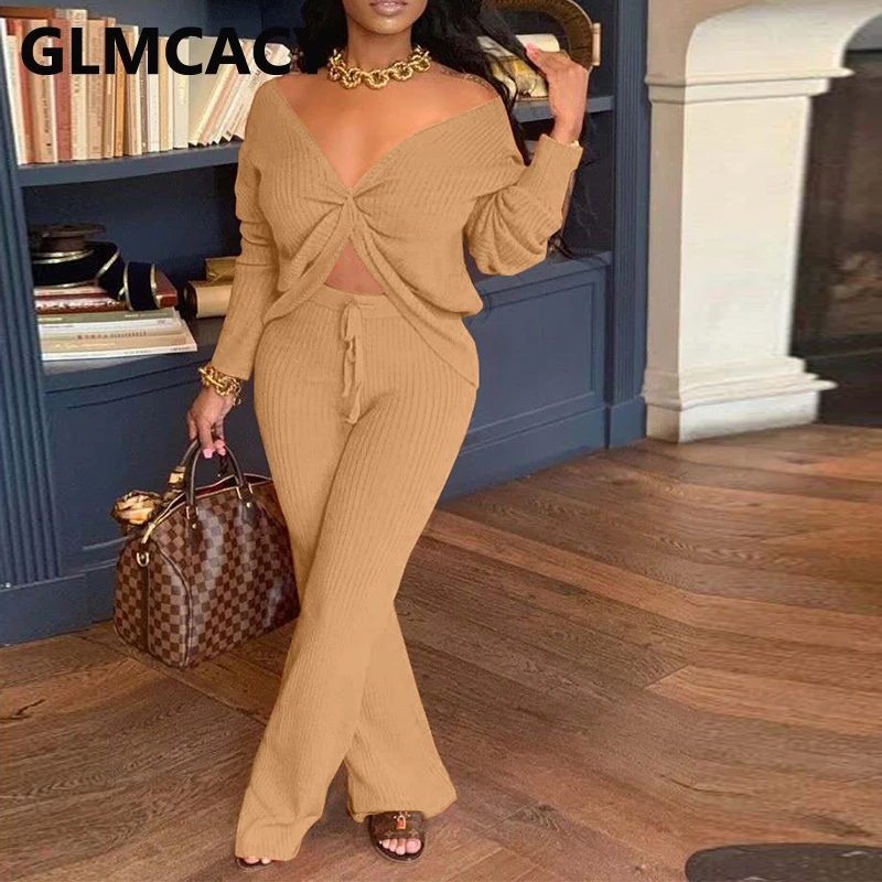 

Women Two Piece Chic Spring Fall Suits Solid Casual Twist Top & Loose Pants Set