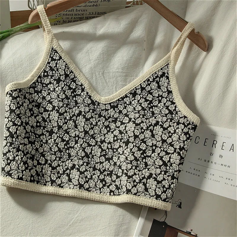 

Vintage Y2K Floral Print V Neck Women Camisole Strapless Sling Slim Zipper Sleeveless Tops 2022 Summer New Casual Short Tee