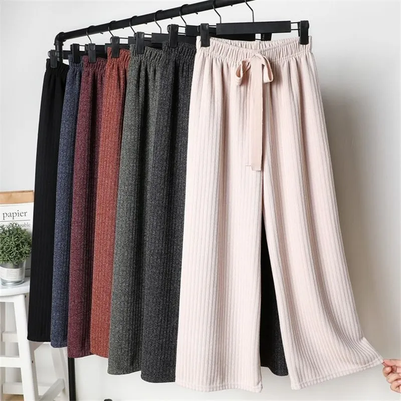 Брюки женские трикотажные с широкими штанинами плотные теплые модные