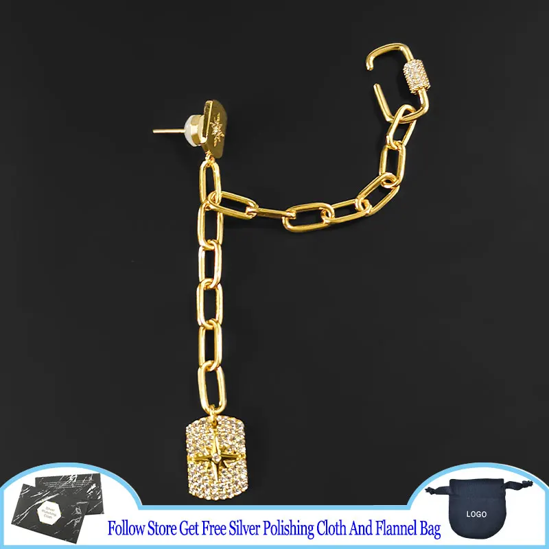 

S925 Sterling Silver Earrings Single Paved Meteorite And Medal Chain Drop Earring With Cuff Yellow Silver Female Luxury Jewelry