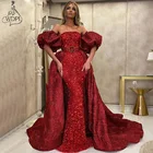Женское платье с пышными рукавами, длинное Бордовое платье-Русалка с отстегивающейся юбкой, вечернее платье с блестками в Дубае, для выпускного вечера, 2020