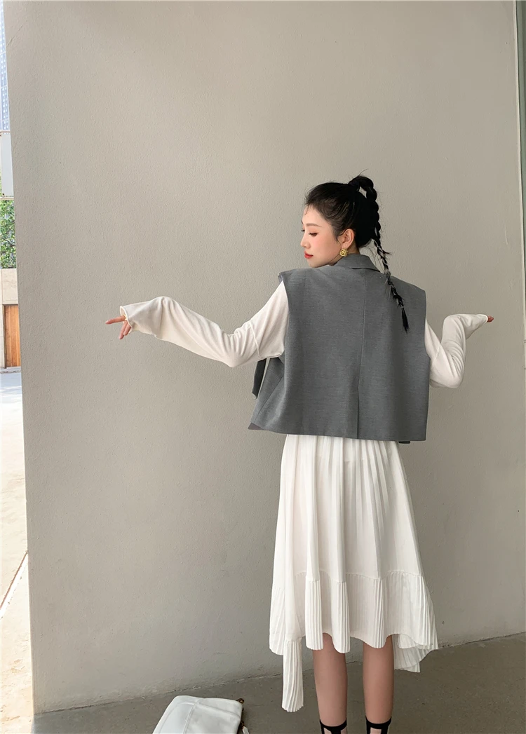 

ZCSMLL Bow-knot Decorated Suit Vest Jacket Turn-down Collar Sleeveless Grey Women Coat 2021 Spring Summer Korean Top
