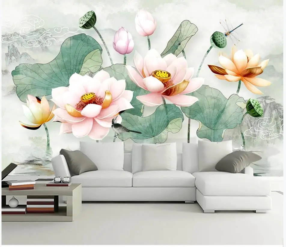 

Пользовательские фото обои 3d Настенные обои идиллический пейзаж тисненый Лотос свежий акварель лотос лист фон для телевизора