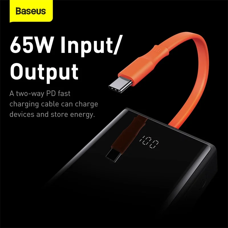 baseus 65w power bank 20000mah with type c two way cable external battery for phone and notebook three port fast charging free global shipping