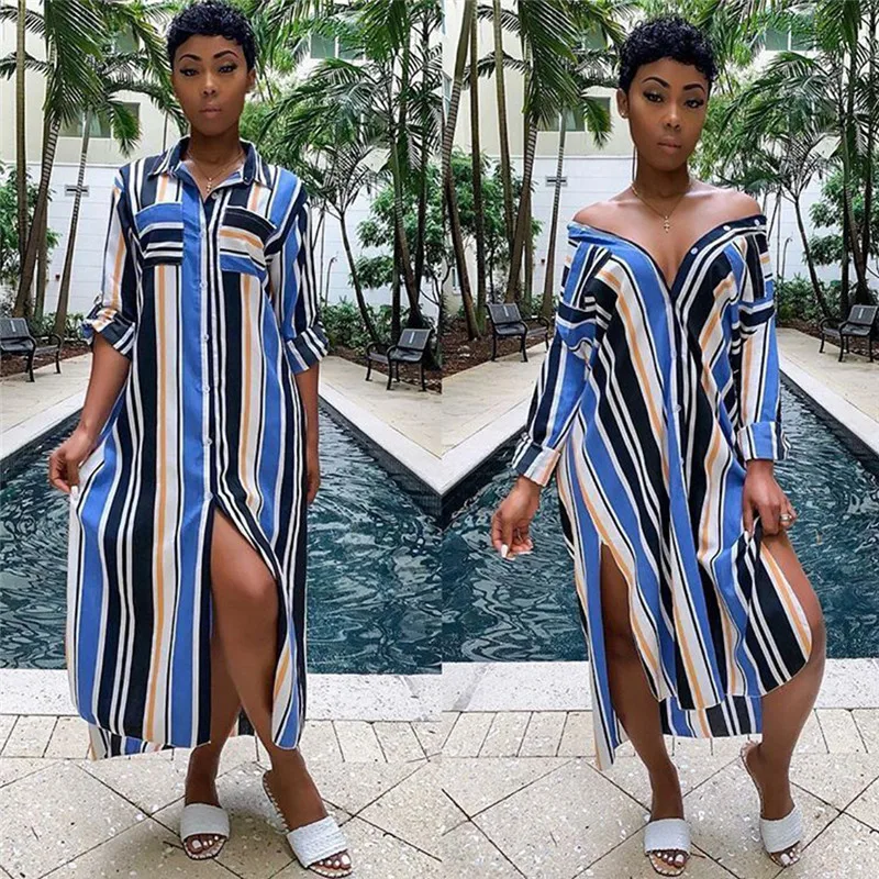 Размера плюс рубашка с длинными рукавами платье для женщин Полосатая Рубашка