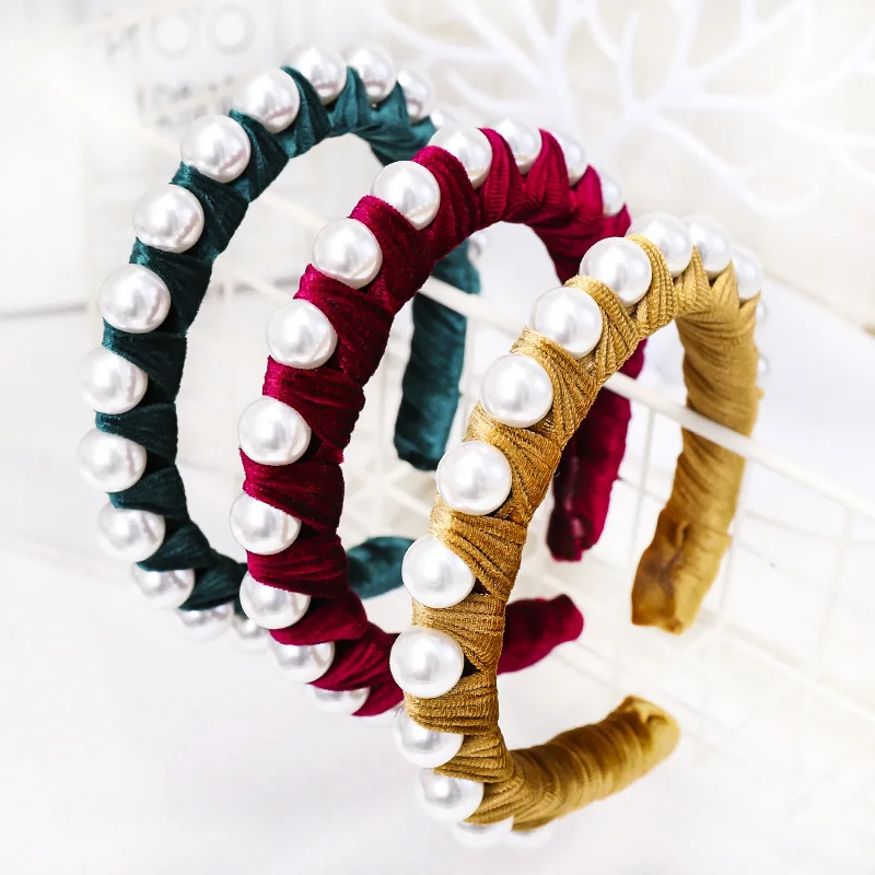 Ободок для волос Однотонный женский обруч с большим жемчугом и золотым бархатным