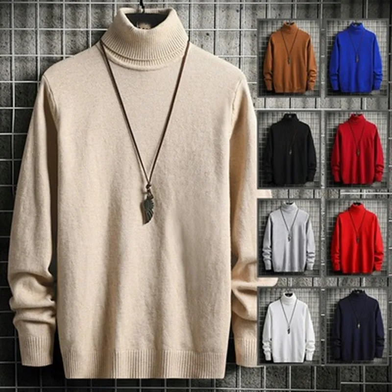 

Свитер мужской зимний с высоким воротом, плотный теплый пуловер, водолазка, однотонный приталенный, трикотажный, с двойным воротником
