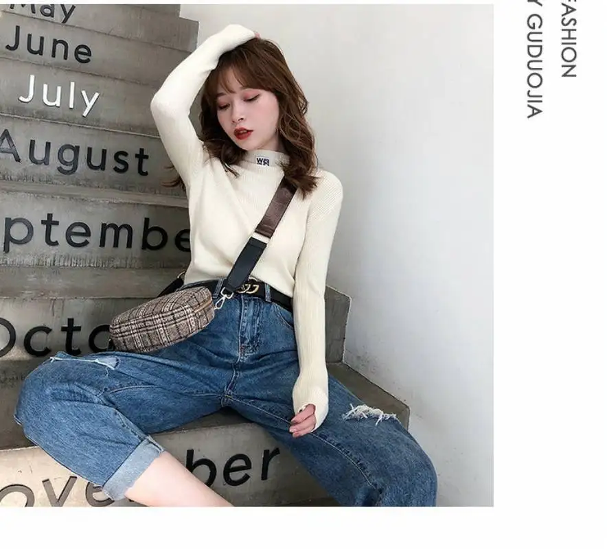 

Solid Half Turtleneck Pullover Sweaters Women Autumn Winter Letter Appliques Slim Sweater New Pull Elastic Female Jumper Fashion