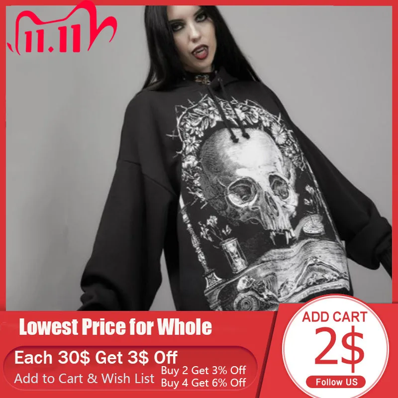 

2021 Women's Autumn New Hoodie Goth Punk Dark Style Loose Solid Color Skull Print Design Sense Long-sleeved Hooded Collar Top
