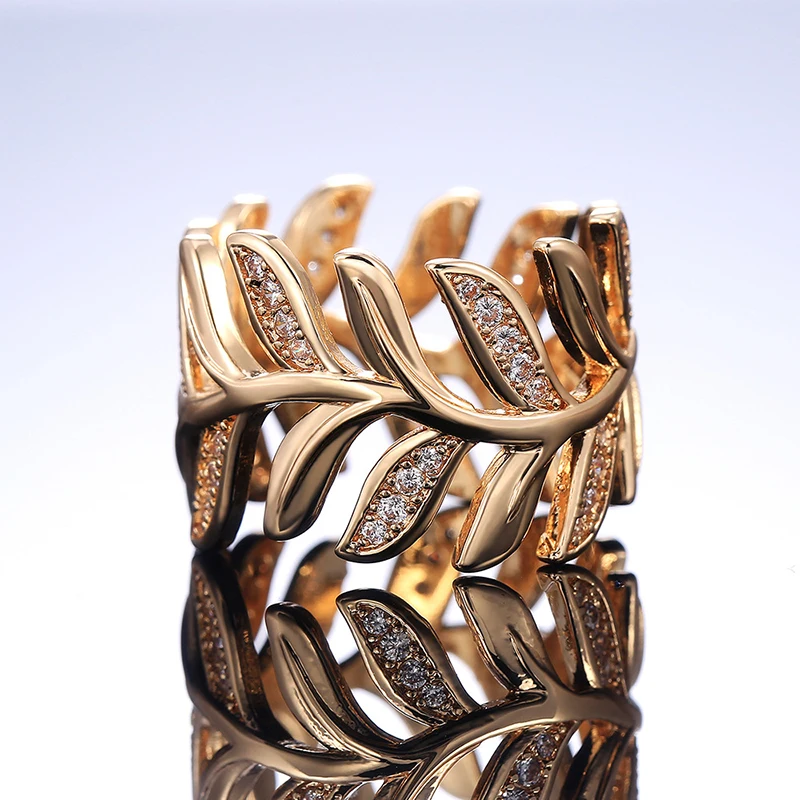 

Creative Trendy Gold Color Leaves Rings For Women Cubic Zirconia Micro Paved Cocktail Party Ring Fashion Jewelry Girl's Gift