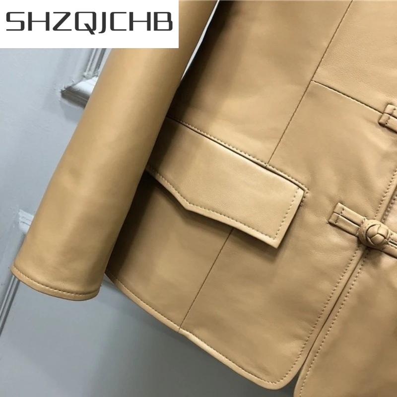 

JCHB 2021 Women Winter Jacket Casual Slim Fit Vintage Chinese Knot Single Breasted Genuine Leather Short Coats V-Neck Sheepskin