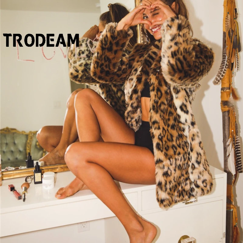 

Женская куртка средней длины TRODEAM, Повседневная Свободная теплая куртка из искусственного меха и плюша с леопардовым принтом, в европейском...