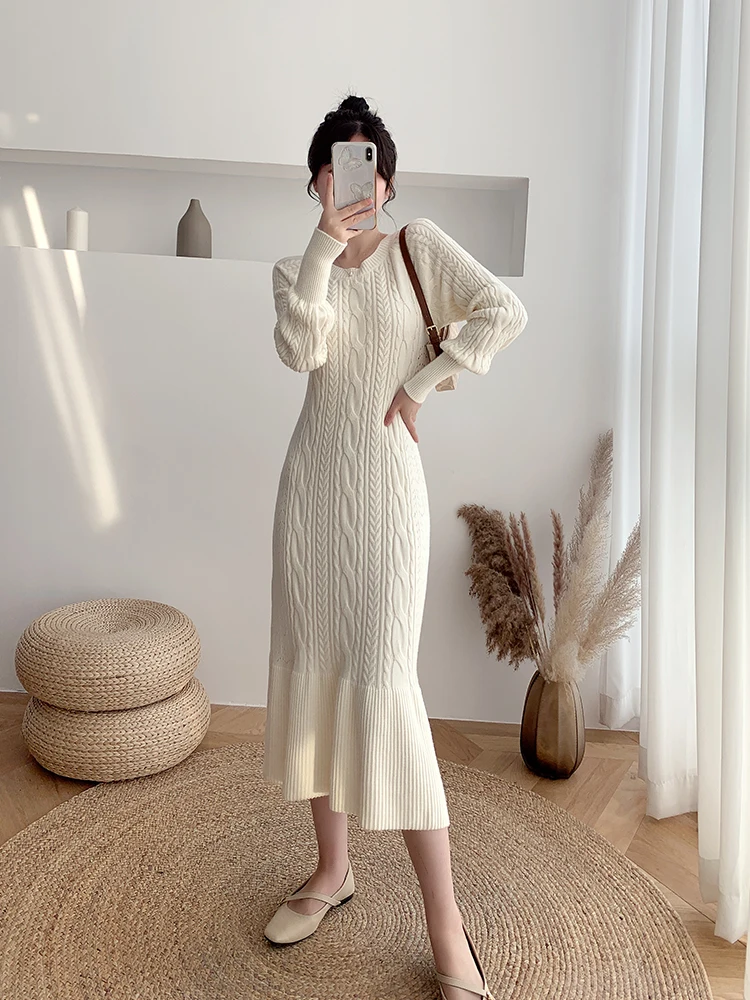 

Women Sweater Bottoming Autumn Winter Mid-length Fairy Thick Knitted Ruffles Dress +Mesh Strapless Two-piece Set