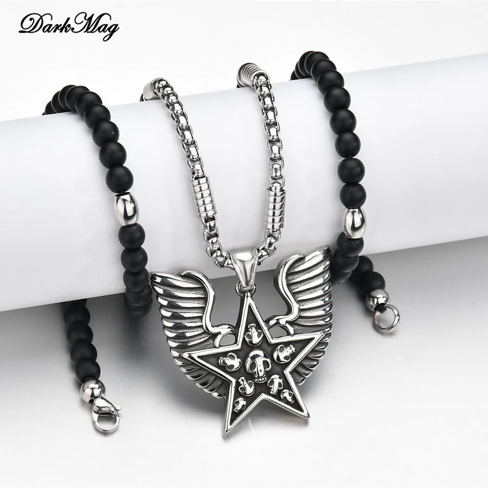 DarkMag 316L stainless steel Punk Devil Skull Men's Pendant black beads Necklace Unique Design Wing High Quality Jewelry | Украшения и