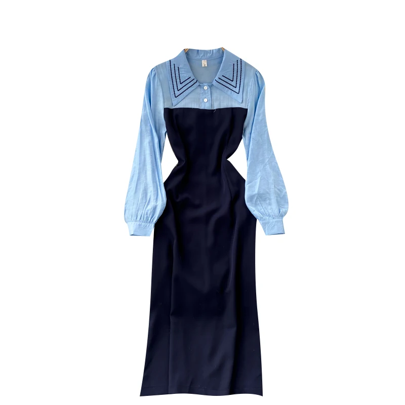 

and American ins style retro dress Lapel bubble sleeve slim stitching college style fake two A-line fashion