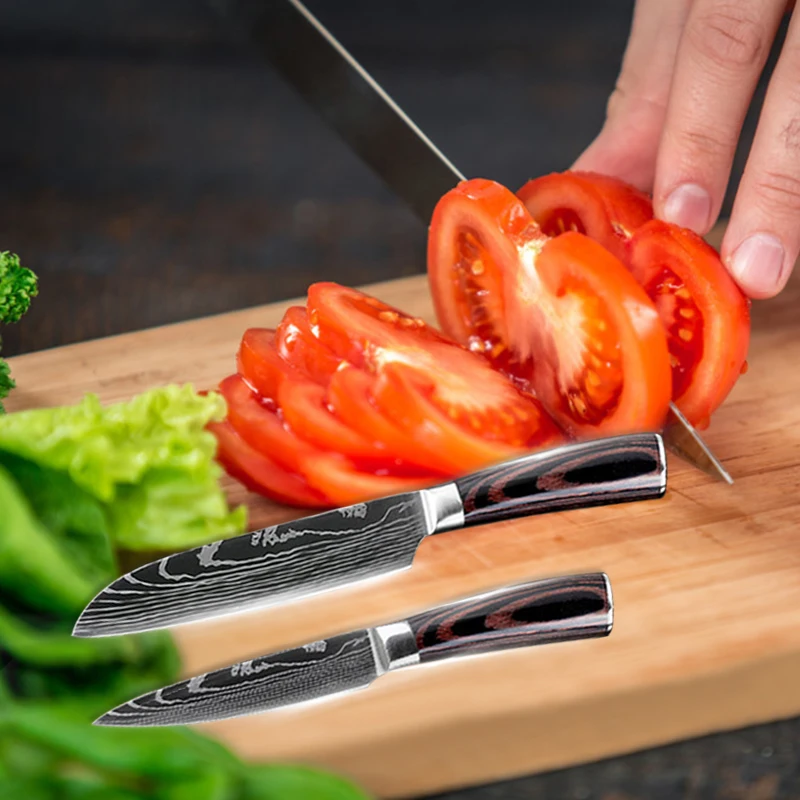 Набор кухонных ножей из дамасской стали с лазерным узором 6 шт. 440C японские