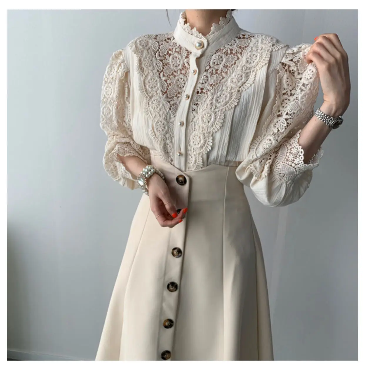Женская кружевная блузка с воротником стойкой винтажная однобортная длинным