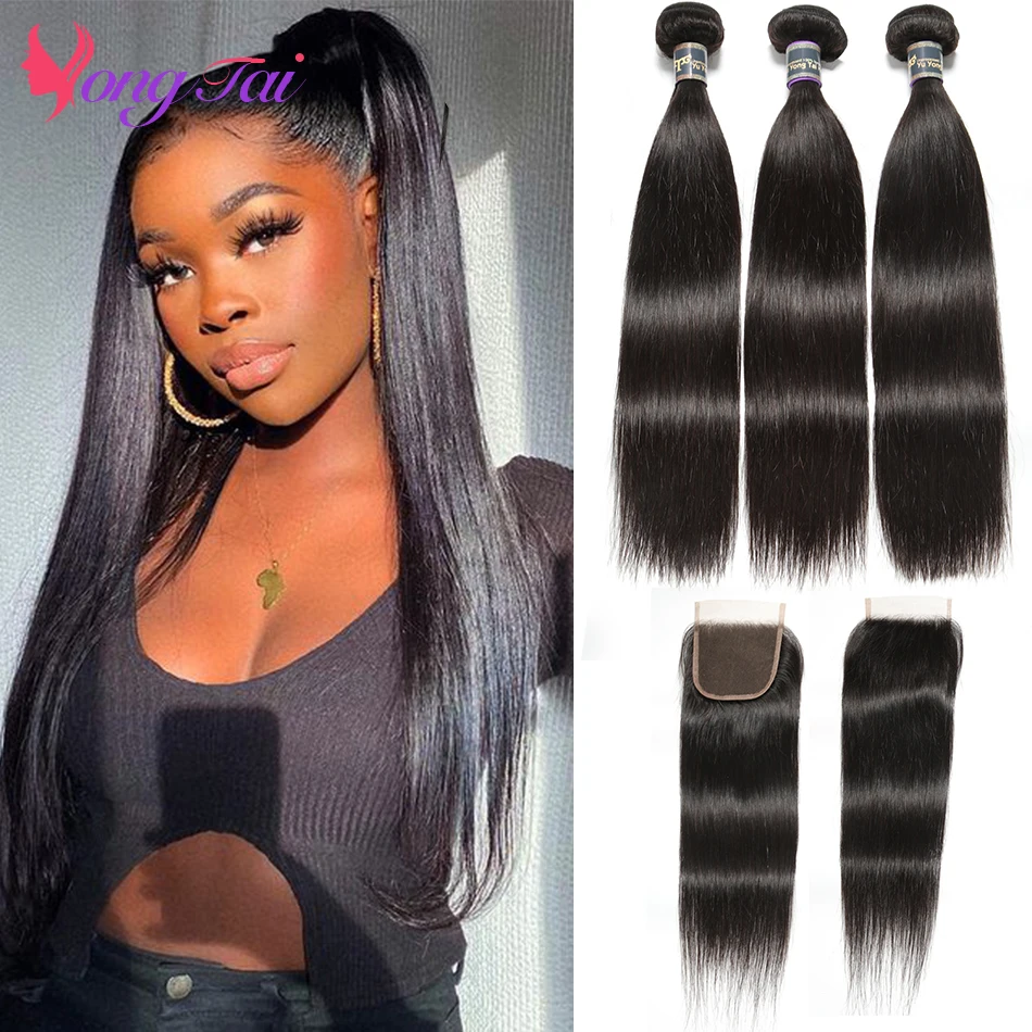 YuYongtai Indian Bone Straight Bundles with 4x4 Lace Closure 100% Human Hair Double Weft Weave Bundles Non-Remy Hair Extensions