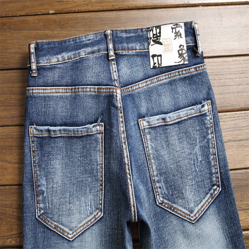 

SEVEYFAN Men's Jeans Embroidery Washed Whiten Slim-fit Joggers Pants Micro-stretch Denim Pencil Trousers for Male