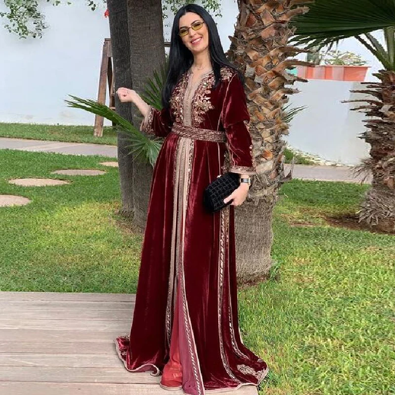 

Eightale Arabic Morocco Kaftan Evening Dresses Dubai Velvet Caftan Burgundy V-Neck Appliques Long Sleeve Kaftan Prom Party Dress