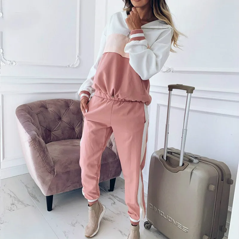 

2021 Purple Loose Lounge Wear Set Women Spring Autumn Hooded Tracksuit Full Sleeve Elastic Pants Pink O Neck Jogging Sport Suits