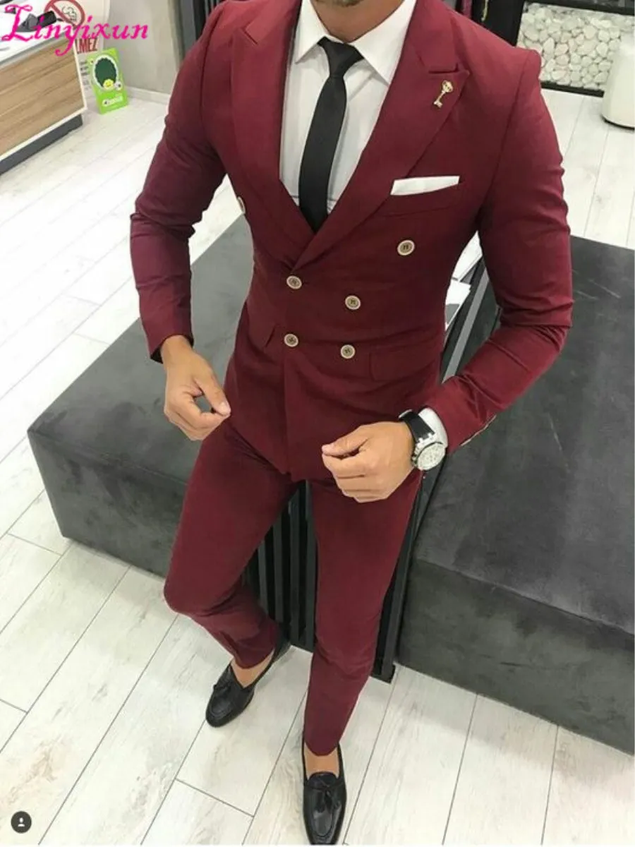 

Linyixun Latest Coat Pant Designs Burgundy Men Suit Double Breasted Jacket Slim Fit 2 Piece Tuxedo Custom Groom Blazer Prom Suit