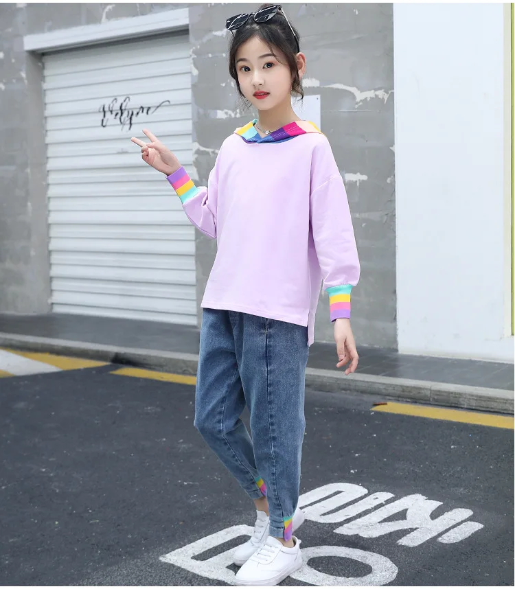 

2020 Spring Autumn Children Clothing Set Girls Hooded Sweatshirt + Jeans Pants 2 Pcs Sports Suits Teenage Kids ClothesTracksuit