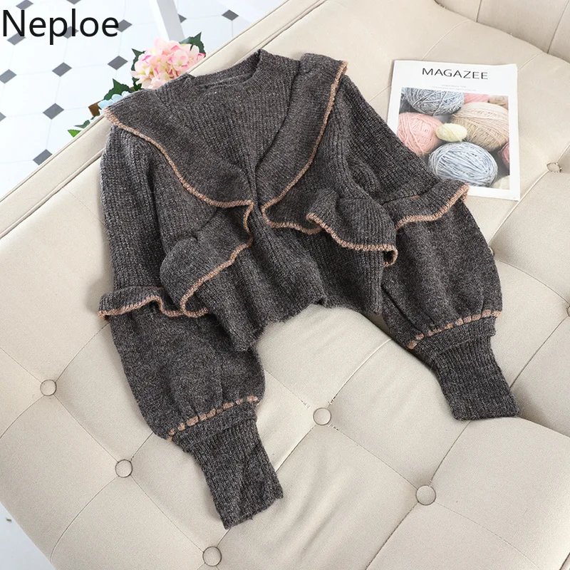 Neploe/осенне-зимний элегантный короткий свитер с оборками, женские вязаные пуловеры, милый фонарь, длинный рукав, Pull Femme, новинка 46714