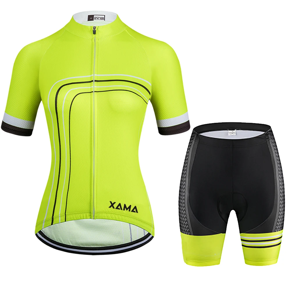 

XAMA Women's Short Sleeve Cycling Jersey Sets 2021 Fluorescent Yellow Breathable Bicycle Shirt Quick-Dry Mountain Bike Clothing