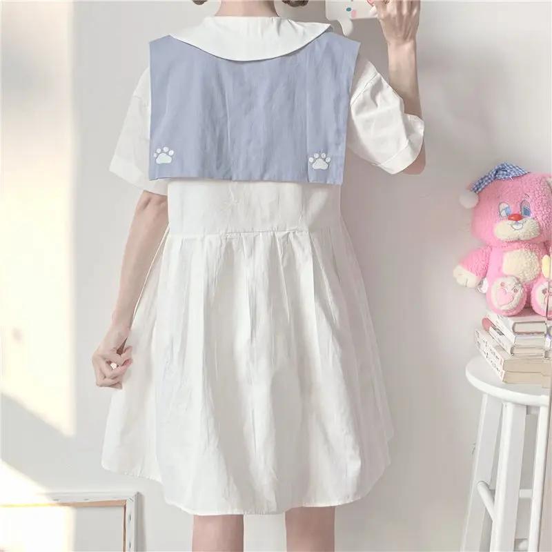 

HOUZHOU Kawaii White Dress Women Japanese Preppy Style Sweet Cute Short Dresses Loose Summer Outfits Casual Peter Pan Collar