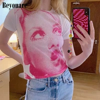beyouare summer funny human face print t shirt women o neck short sleeve slim loose crop top 2021 casual club party streetwear