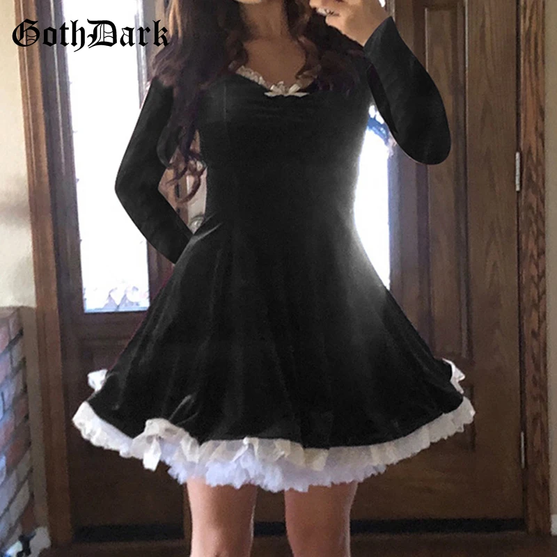 

Goth Dark Kwaii Velour Gothic Winter Women Dresses Grunge Lace Trim Bow Front A-line Partywear Punk Vintage Long Sleeve Clothes
