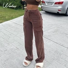 Женские винтажные джинсы с карманами Weekeep, свободные прямые джинсы из 100% хлопка, уличная мода, брюки-карго с высокой талией