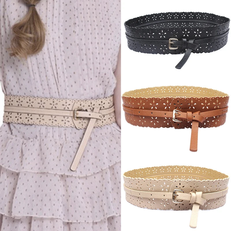 

Women Luxury Retro Hollow Belt For Metal Pin Buckle Waist Wide Decorative PU Leather Brown Girdle Women's Belts For Dress