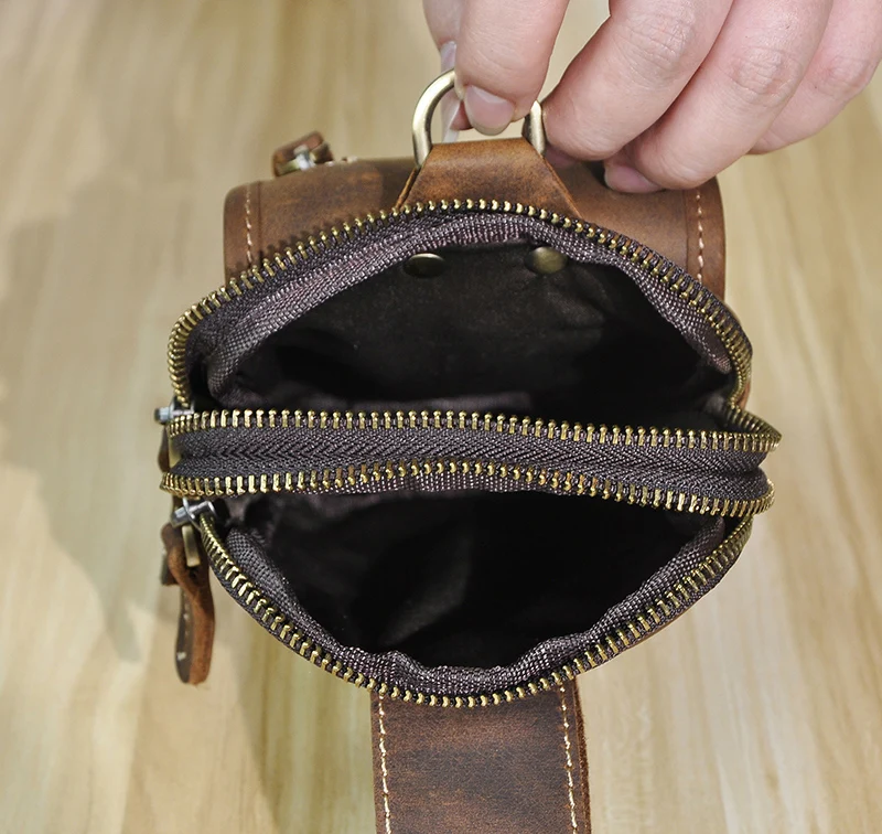 Vintage Crazy Horse Leather Small Summer Hip Bum Pouch Hook Design Cigarette Case 7" Phone Pouch Fanny Waist Pack Belt Bag 1609 images - 6