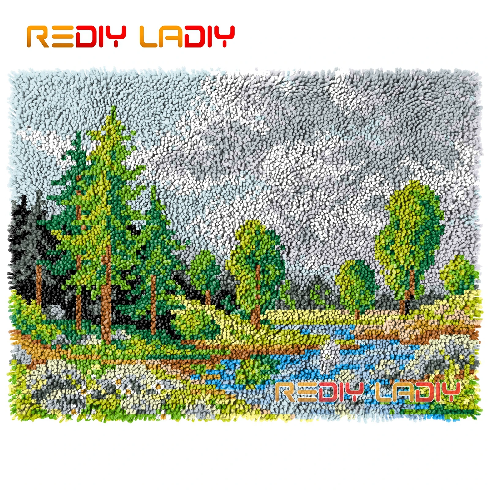 

Ковер с крючком с защелкой для лесной реки, настенный крючком, ковер для рукоделия, ковер из крупной пряжи, вязаный напольный коврик, хобби и ...