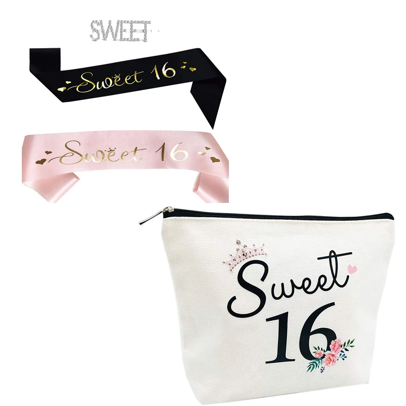 

Sweet 16 canvas crown Makeup Cosmetic bag hair clip sash Girls 16th 16 Years Old Sixteen Birthday Gift decoration favor supplies