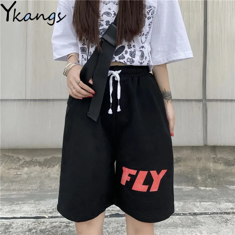 

Pure Color Printed Breathable Women Sports Shorts Summer Couple Ladies Wide-leg Shorts Campus Style All-match High-waist Shorts