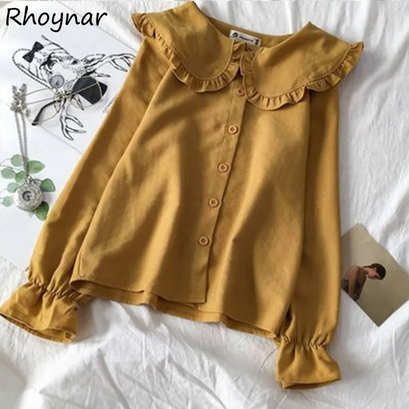

Solid Shirts Women Peter Pan Collar Flare Long Sleeve Sweet Students All-match Spring Autumn Baggy Casual Classy Clothing Femme