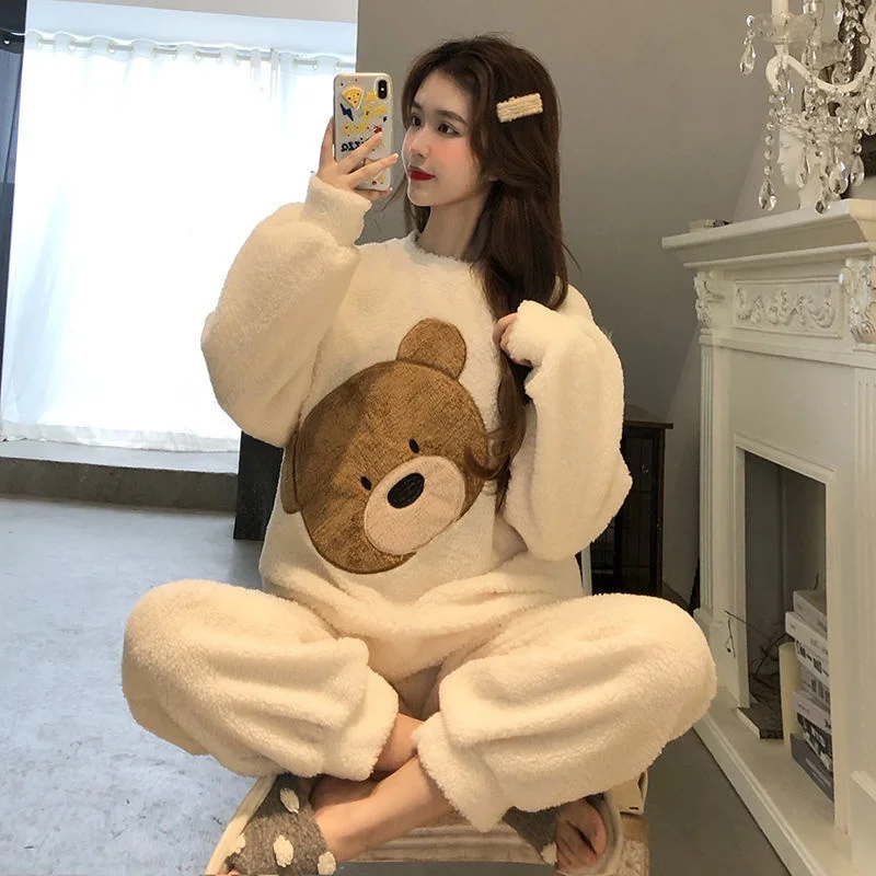 

Winter Plush Pajamas Female Winter Coral Plush Cute Cartoon Plush Autumn And Winter Thickened Flannel Home Clothes Set