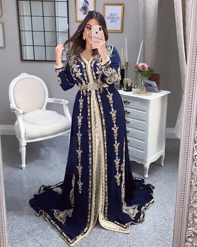 

Темно-синие марокканские Кафтан Вечерние платья 2021 вышитые аппликации с длинными рукавами мусульманские платья для выпускного вечера кафтан арабское платье для вечеринки