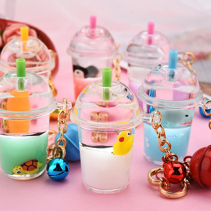 

New Cartoon Cute Keychain Creative Milk Tea Cup Liquid Crystal Quicksand Sequin Key Ring Bag Pendant Adorn Backpack Accessories