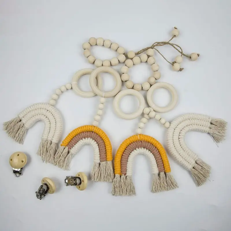 

Baby Wooden Teether Rattle Woven Rainbow Ring Beaded Soother Molar Chewable Nursing Pendant Toys Infant Shower Gifts