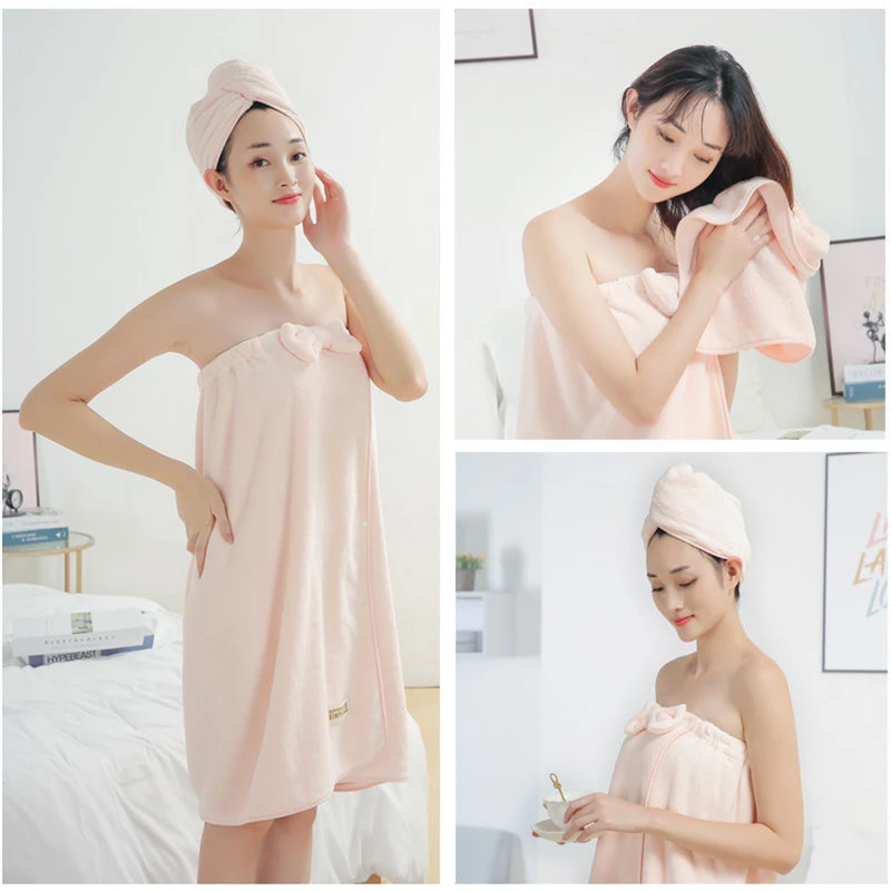 

2pcs Kit Women Bath Towel Bathroom Microfiber Soft Thick Bathrobe Dry Hair Towel Set Super Absorbent Wearable Shower Beach Towel