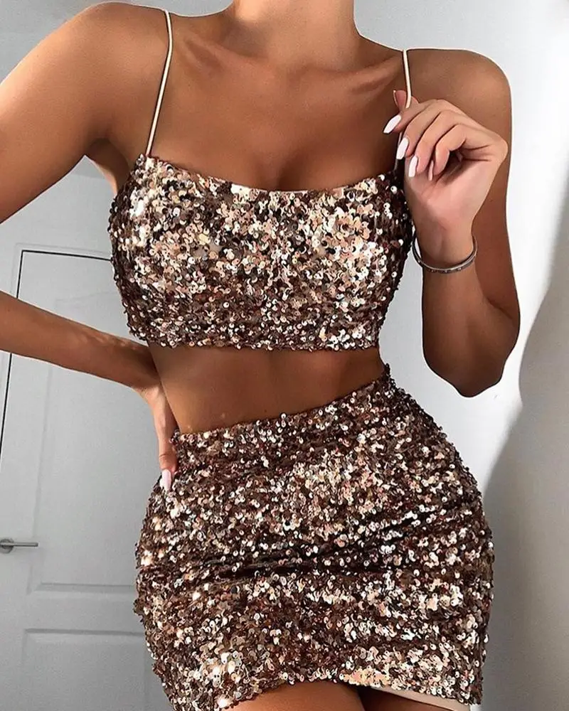 Sequins Spaghetti Strap Crop Top& Slinky Skirt Sets