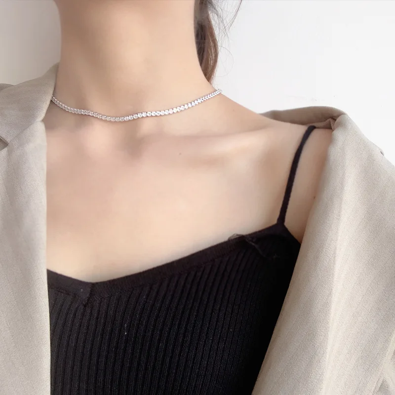 

100% 925 Silver Shiny Zircon Necklace Choker Short Clavicle Chain Necklaces For Women Ladies Luxury Diamonds Neck Accesories Gif